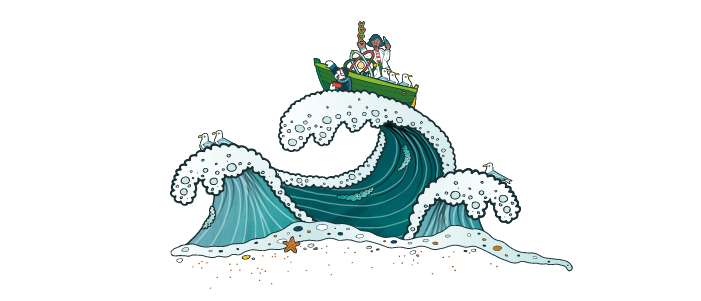 Scientist riding a boat over a wave in the sea